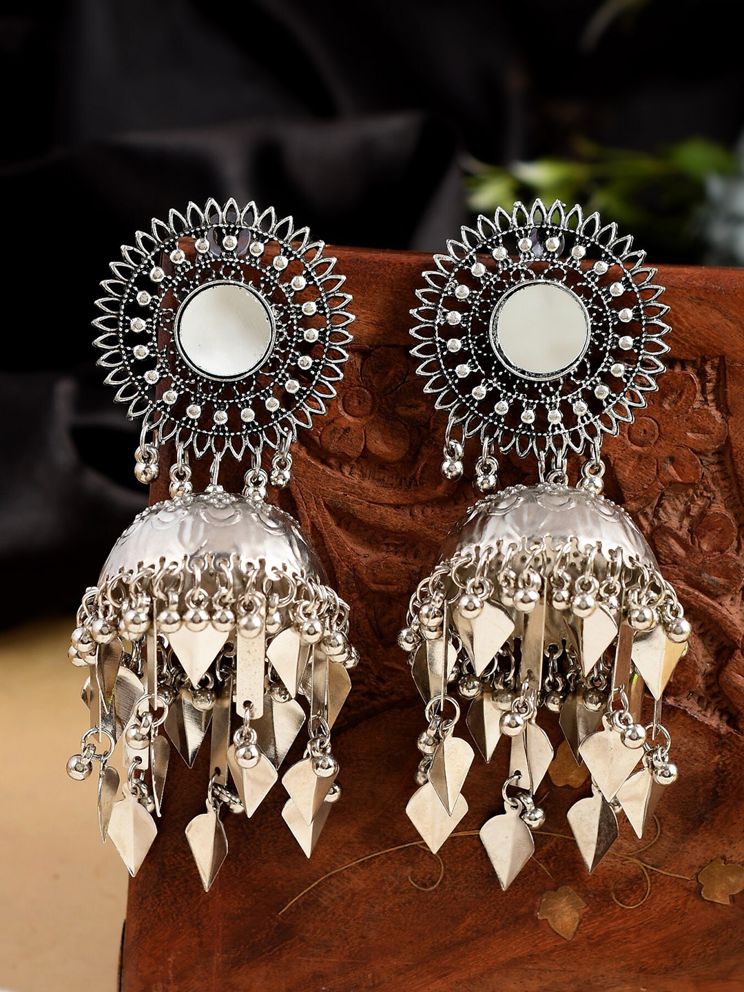 

Shoshaa Silver-Toned Dome Shaped Oxidised Mirror Work Jhumkas Earrings