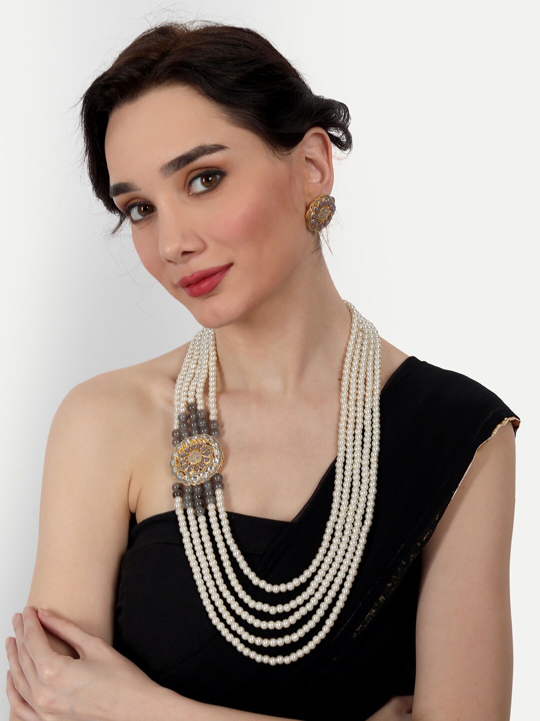 

ROHINIKA Women Gold-Plated White & Grey Pearl & Kundan-Studded Jewellery Set