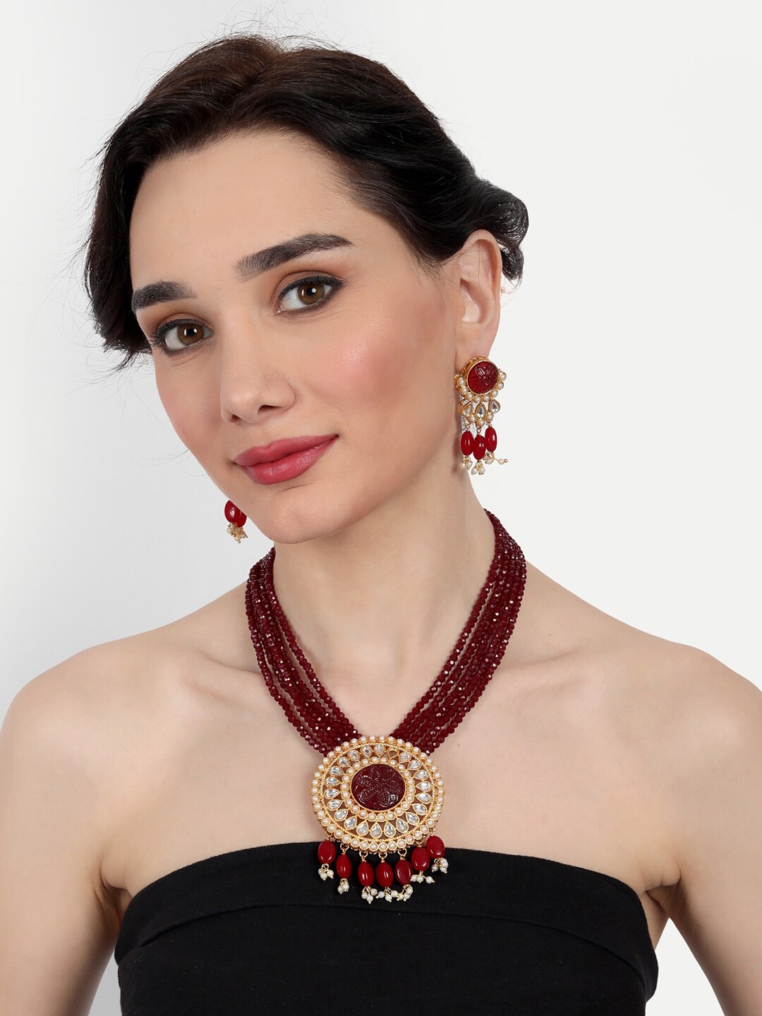

ROHINIKA Gold-Plated Maroon Stone-Studded & Beaded Jewellery Set