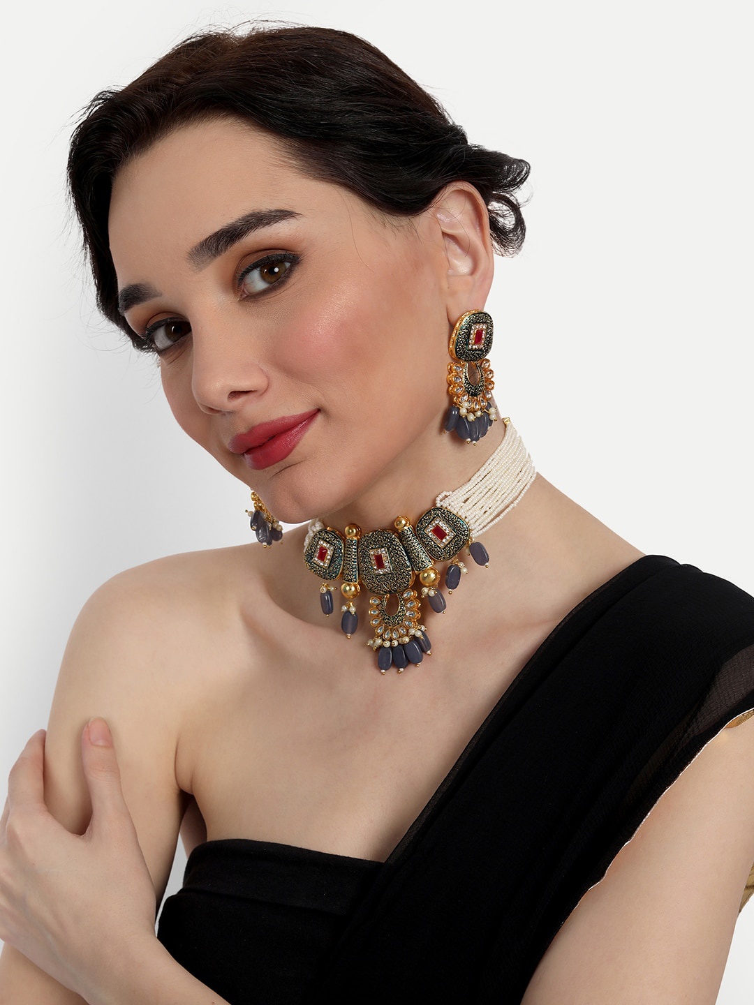 

ROHINIKA Gold-Plated Navy Blue AD-Studded Chocker Necklace Jewelry Set