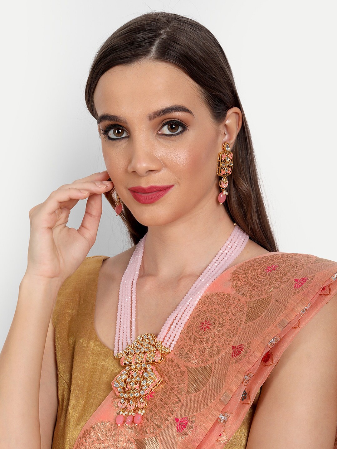 

ROHINIKA Pink & White Gold-Plated Kundan Studded Jewellery Set