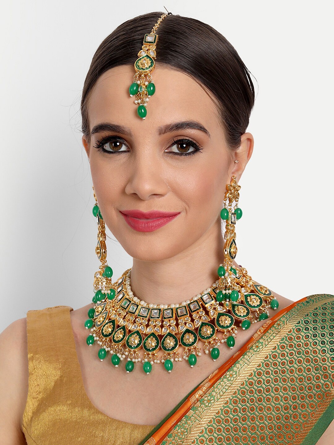 

ROHINIKA Gold-Plated Green & White Stone Studded Jewellery Set