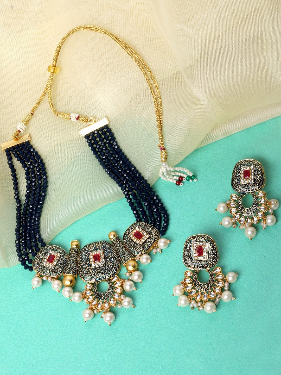

ROHINIKA Gold-Plated & Navy Blue Kundan Studded Jewellery Set