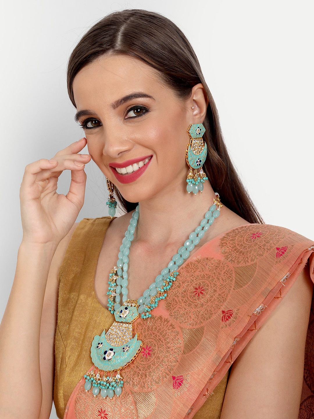 

ROHINIKA Gold-Plated Aqua Blue Kundan-Studded & Beaded Jewellery Set