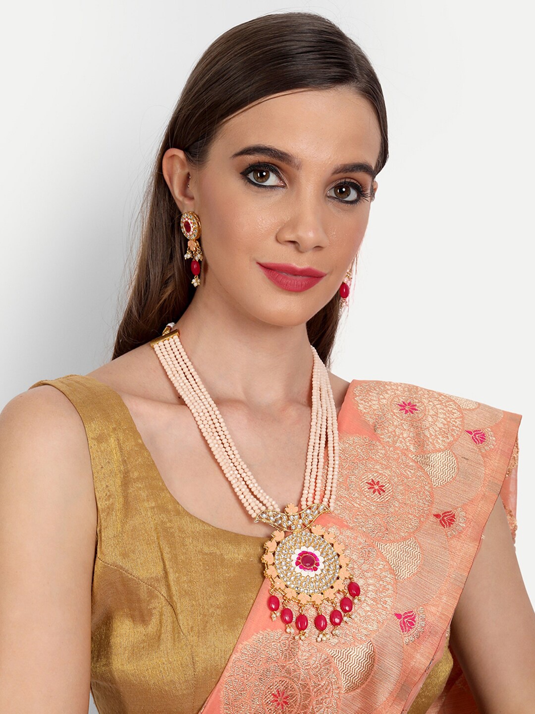 

ROHINIKA Gold-Plated Red Kundan Studded Pearl Beaded Jewellery Set