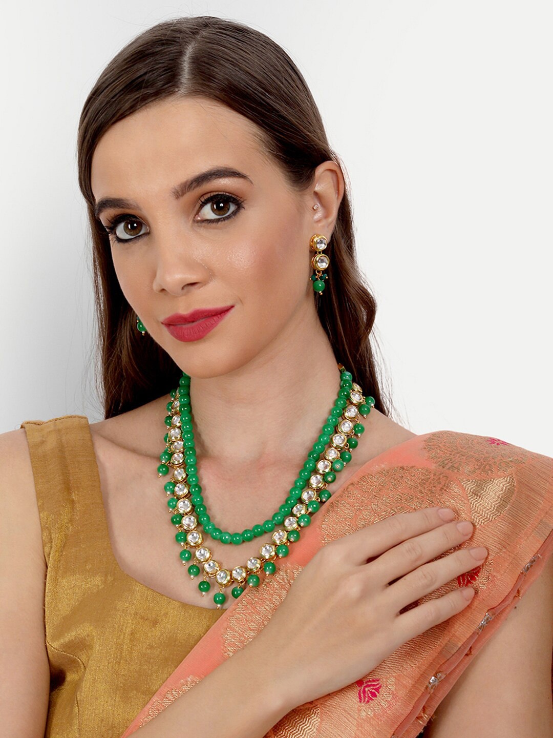 

ROHINIKA Green Gold-Plated Kundan Studded Jewellery Set