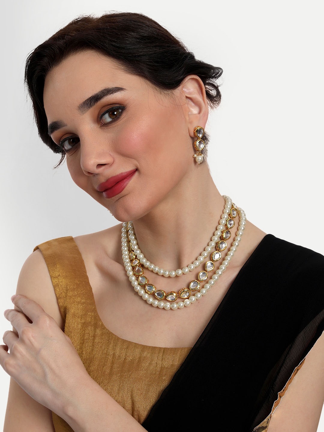 

ROHINIKA Gold-Plated White Kundan Studded Long Jewellery Set