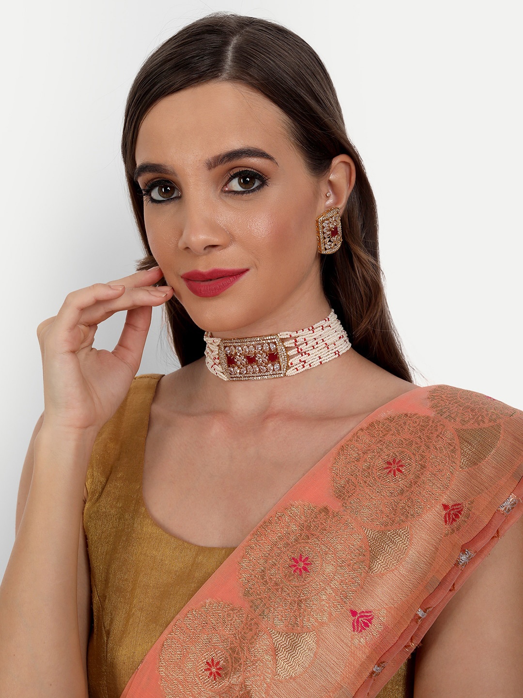 

ROHINIKA Gold-Plated White & Red AD Studded Jewellery Set