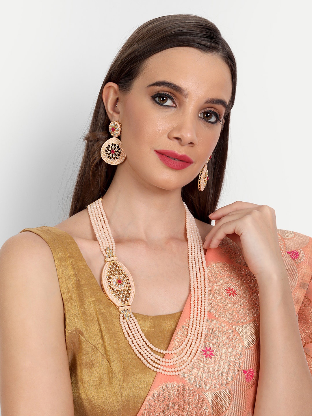 

ROHINIKA Gold-Plated Peach-Colored & White Kundan-Dangle Jewelry Set