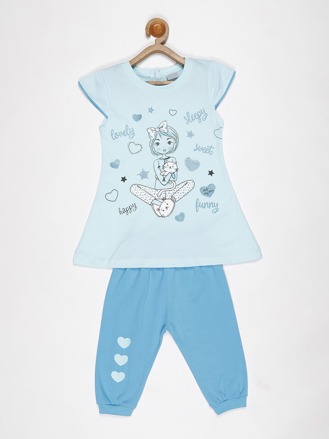 

V2 Value & Variety Girls Blue & White Printed Pure Cotton Clothing Set