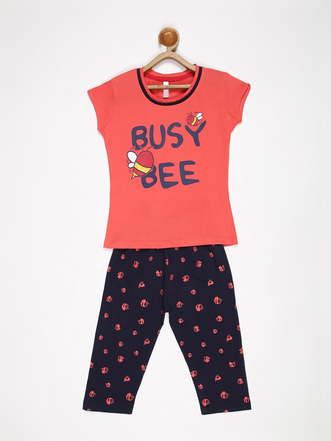 

V2 Value & Variety Girls Red & Navy Blue Printed T-shirt with Pyjamas
