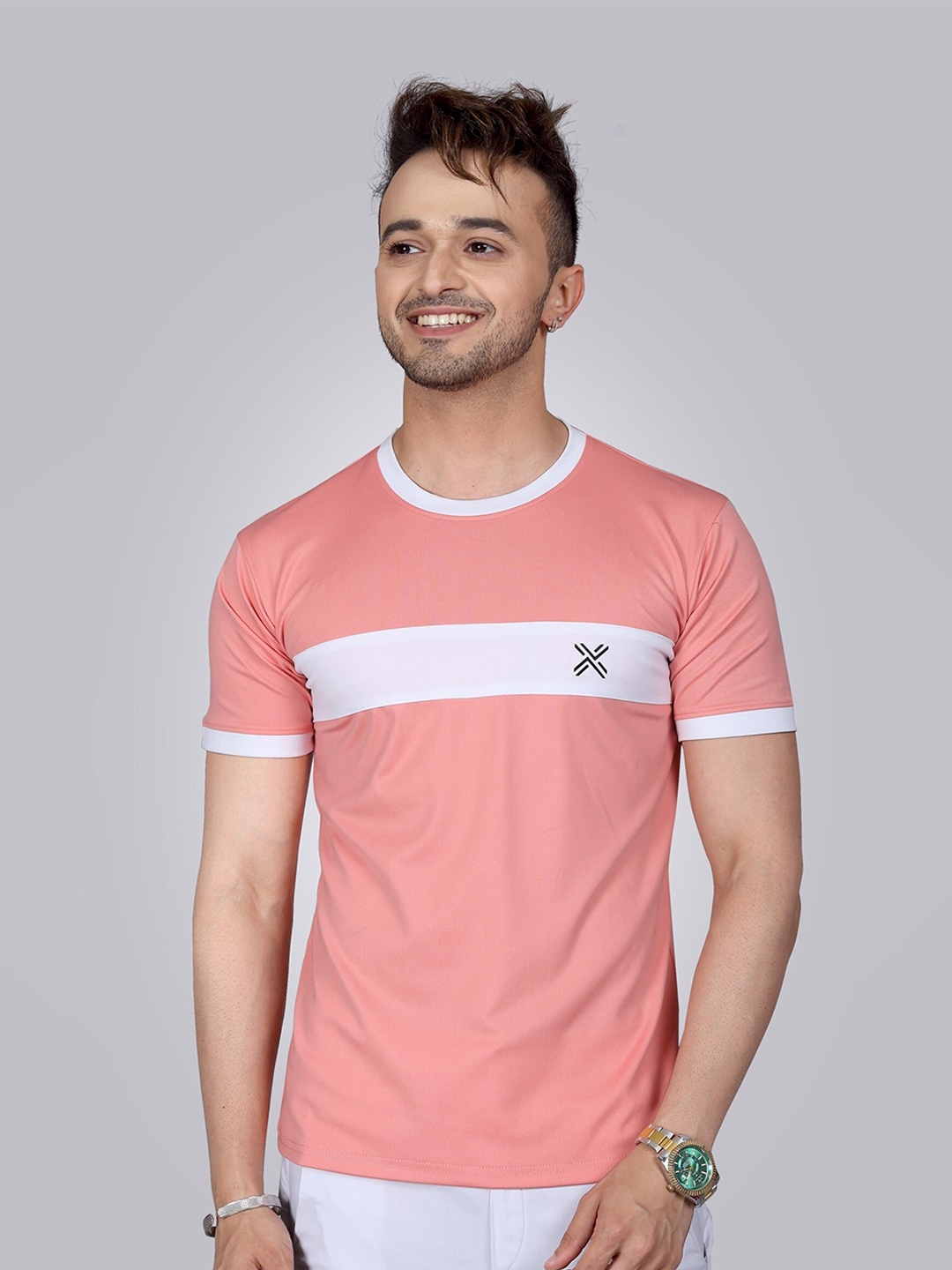 

Fashion FRICKS Men Peach-Coloured Striped T-shirt