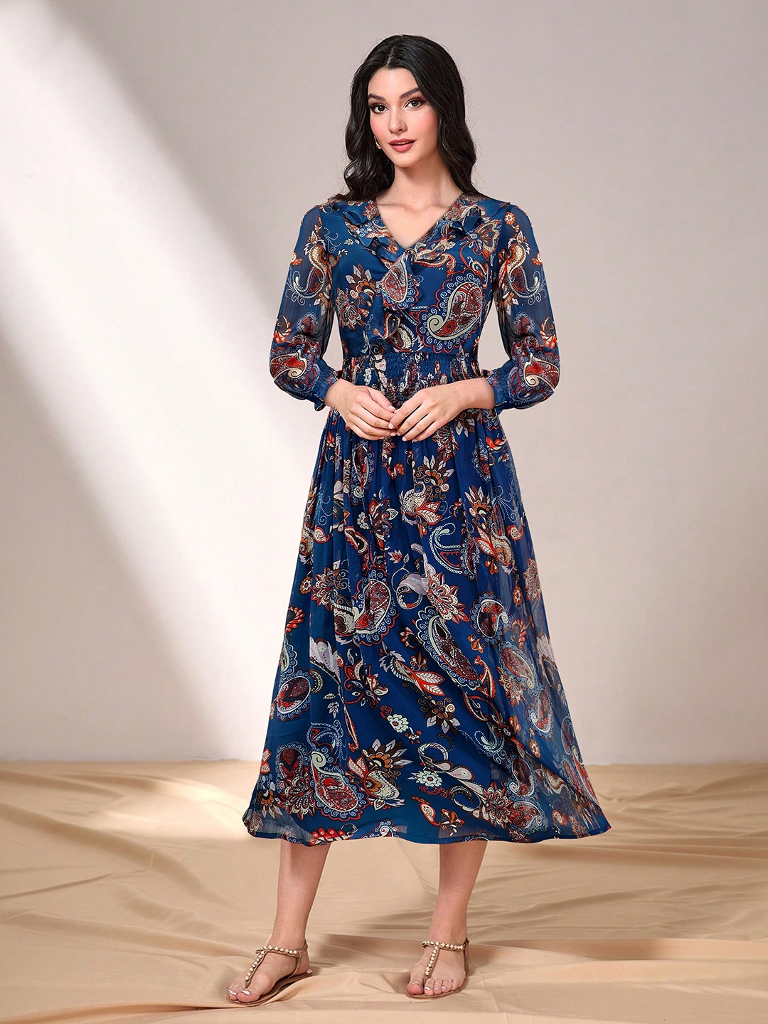

KERI PERRY Women Navy Blue Georgette Paisley Print Flared Dress