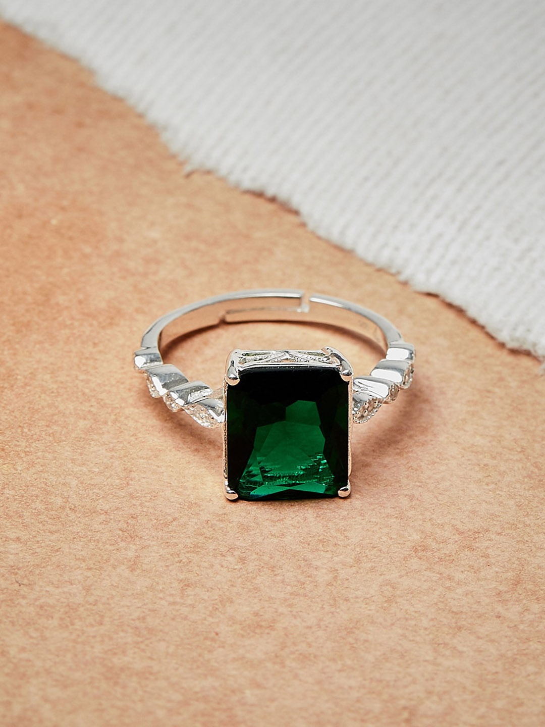 

Studio Voylla 92.5 Sterling Silver-Plated Green Stone-Studded Finger Ring