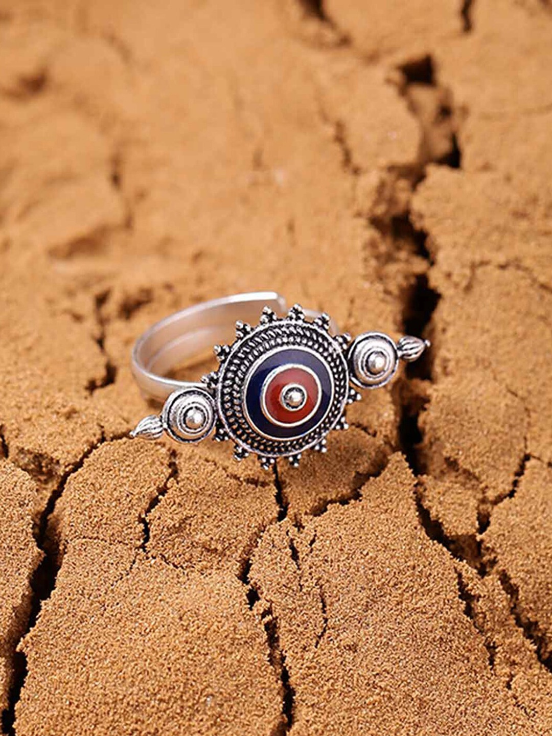 

Voylla Women Silver-Plated Blue & Red Intricate Design Adjustable Ring