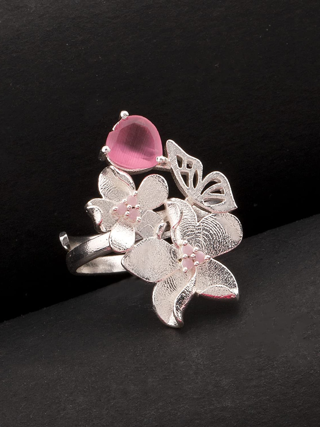 

Voylla Silver-Plated Pink Stone-Studded Adjustable Finger Ring