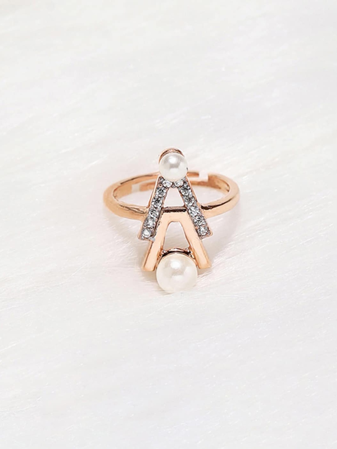 

Voylla Rose Gold-Plated White Stone Studded & Pearl Beaded Ring