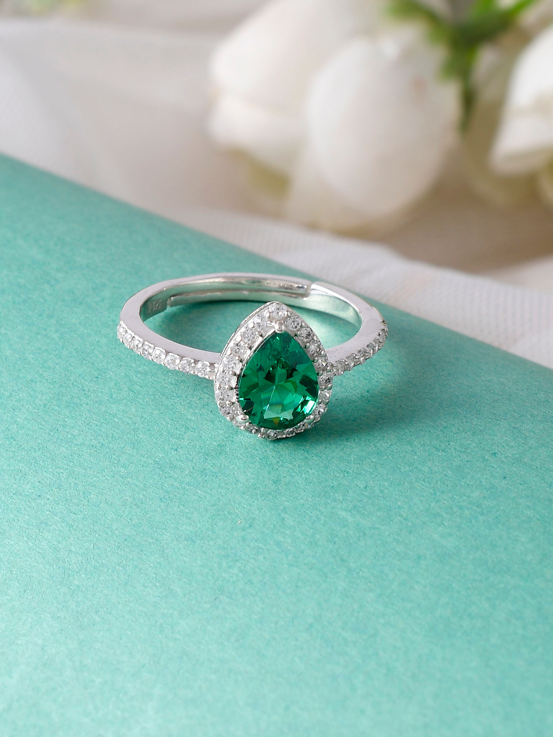 

Studio Voylla Women Green Stone-Studded Silver-Plated 925 Sterling Silver Finger Ring