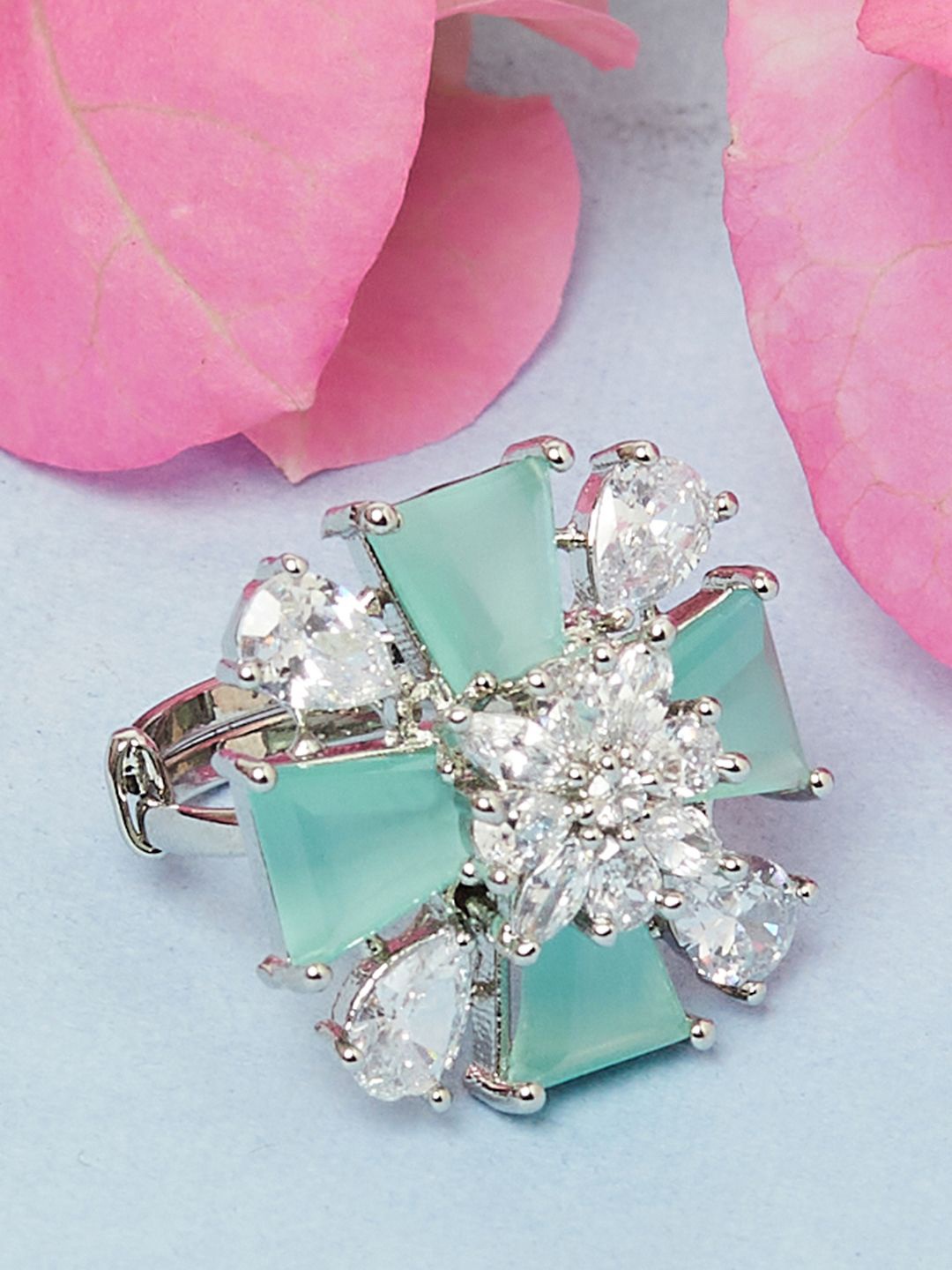 

Voylla Rhodium-Plated & Sea-Green Stone Studded Adjustable Finger Ring