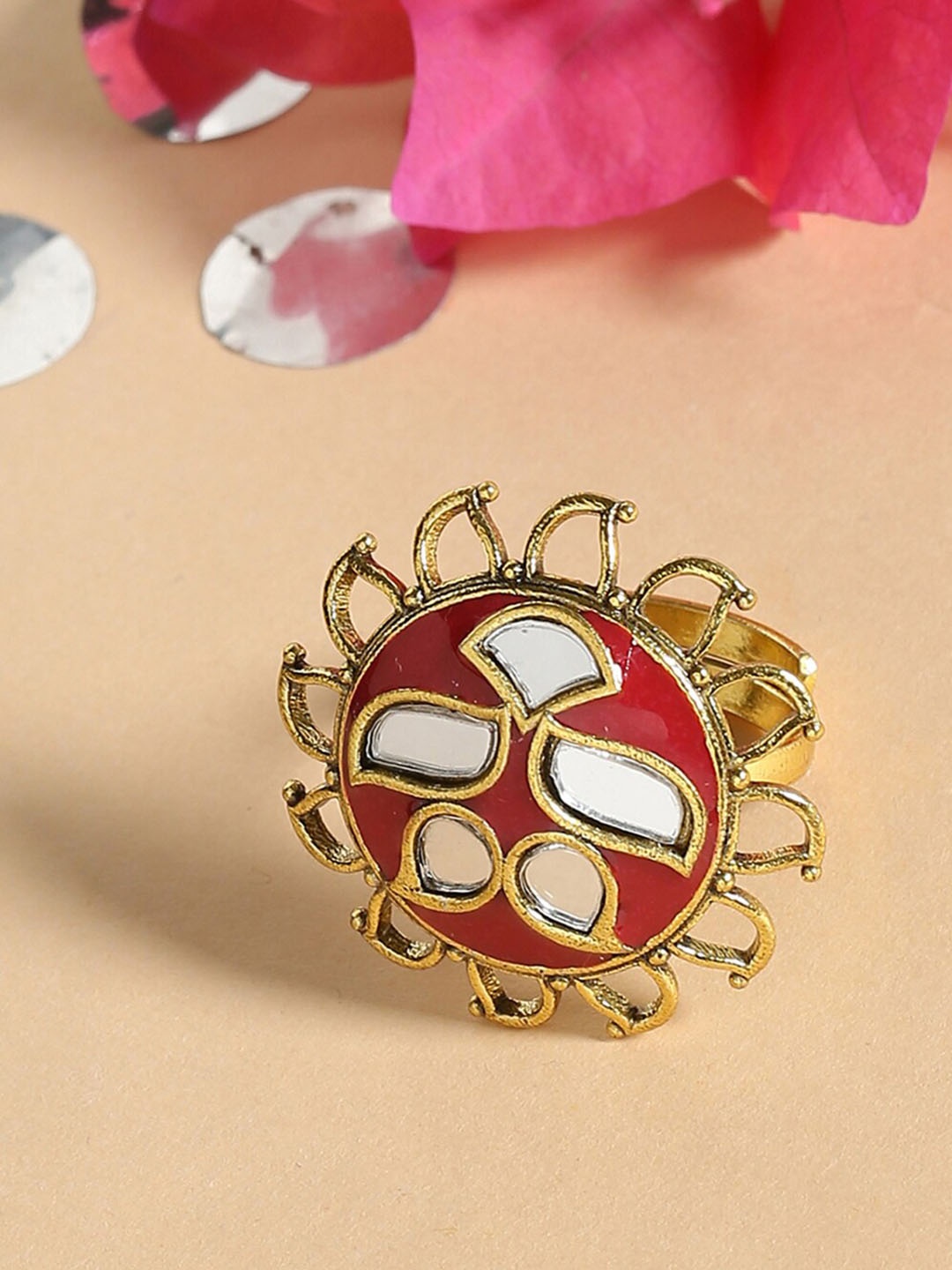 

Voylla Women Gold-Plated Red Enamelled Floral Statement Adjustable Finger Ring