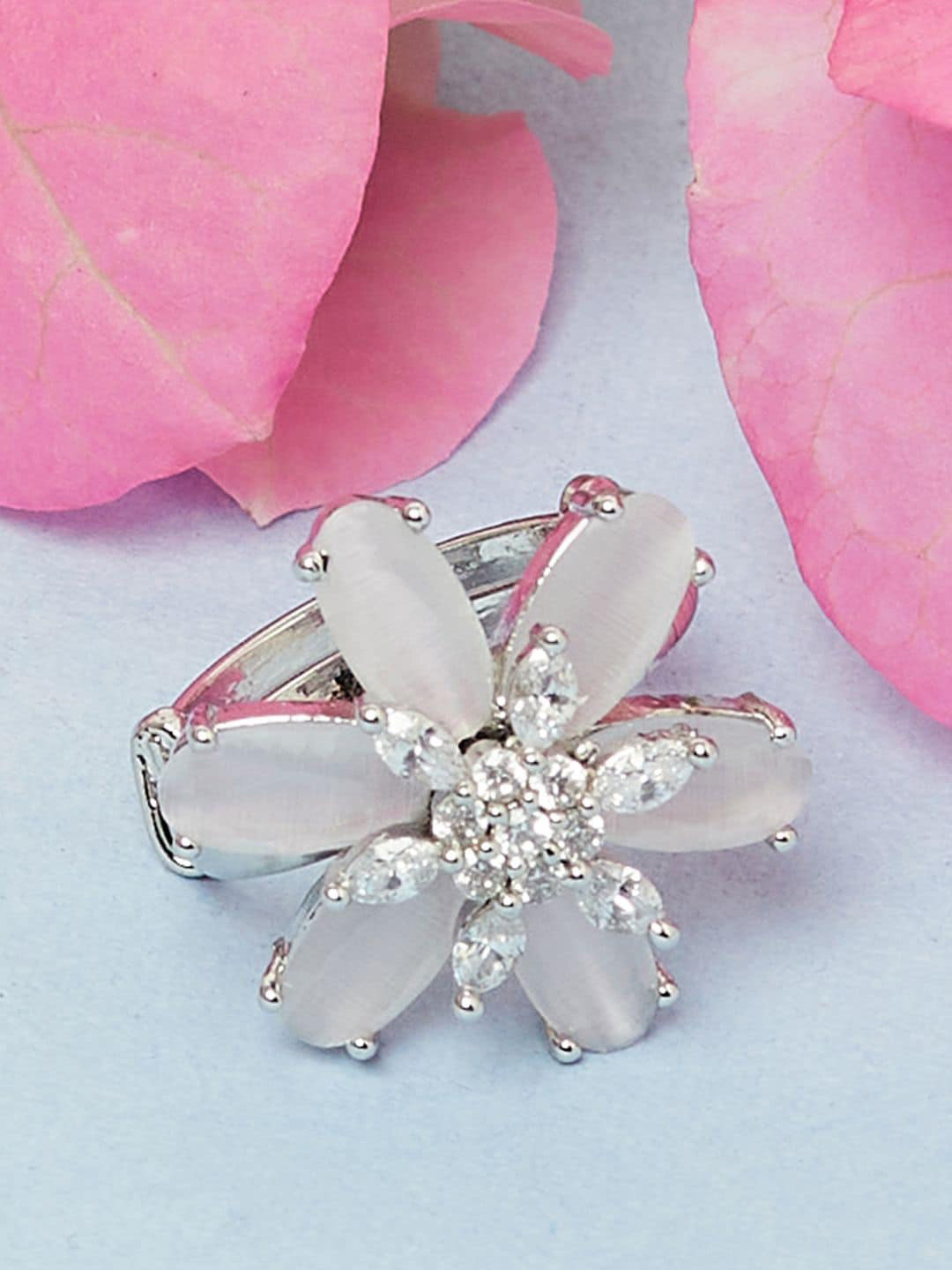 

Voylla Women Silver-Toned Rhodium-Plated & Floral Shaped Finger Ring