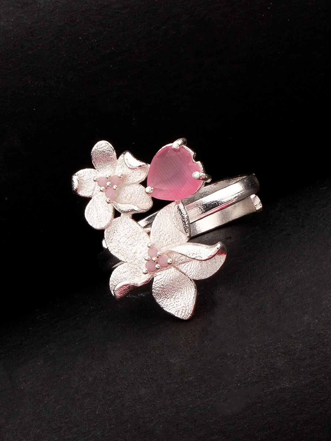 

Voylla Silver-Plated Pink & White Floral Shaped Ring