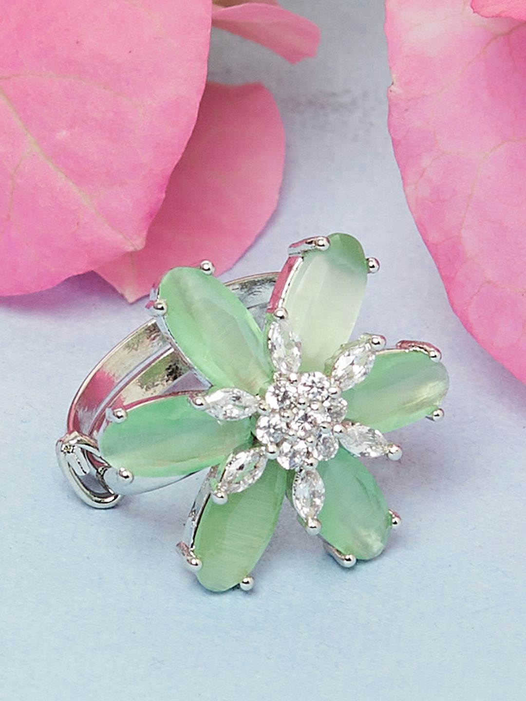 

Voylla Rhodium-Plated Silver Toned Green Finger Ring