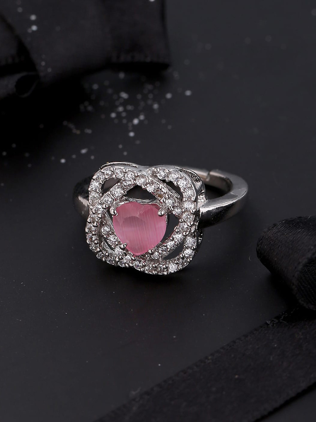 

Voylla Women Silver-Plated Pink & White CZ Studded Finger Ring