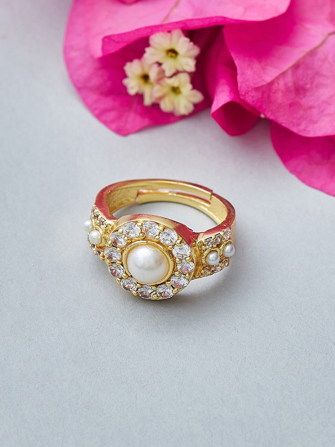 

Voylla Gold-Plated White Stone Studded & Pearl Beaded Ring