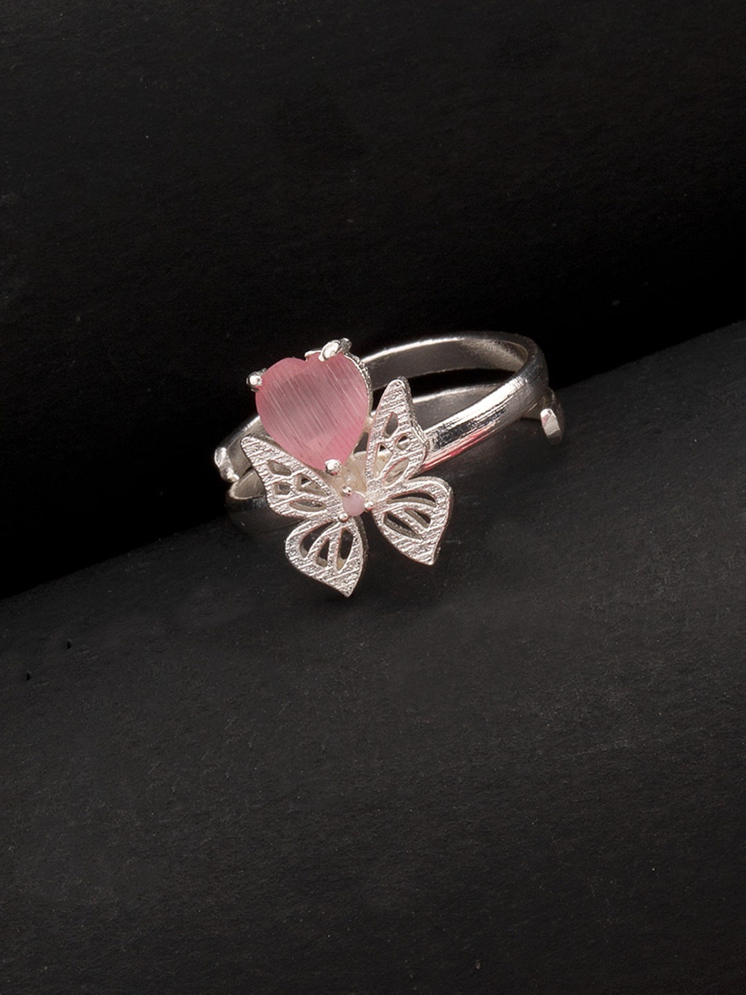 

Voylla Silver-Plated & Pink Love Paradise Cute Butterfly Statement Finger Ring