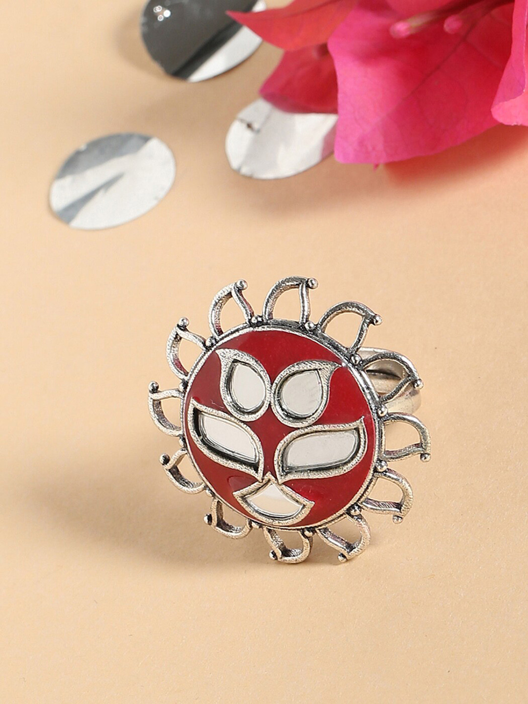 

Voylla Silver-Toned Floral Motif Statement Ring