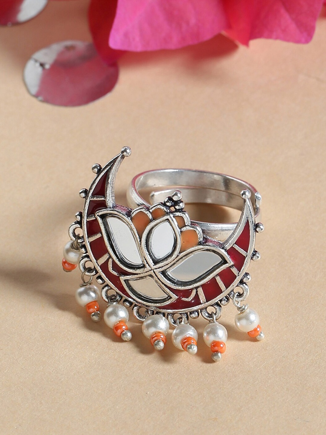 

Voylla Silver-Plated Maroon Red & White Pearls Studded Thikri Lotus and Crescent Finger Ring