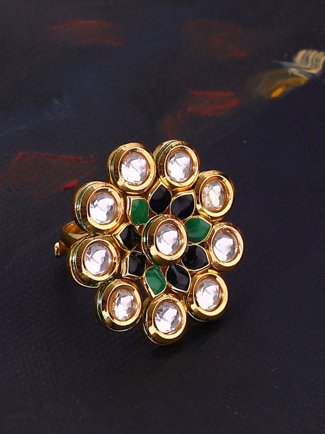

Voylla Gold-Plated White Stone-Studded Manmayi Faux Kundan Floral Finger Ring