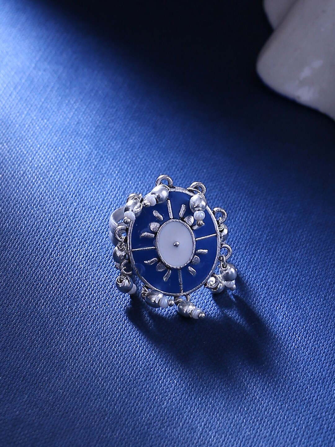 

Voylla Silver-Plated Blue Enamelled & Beaded Finger Ring