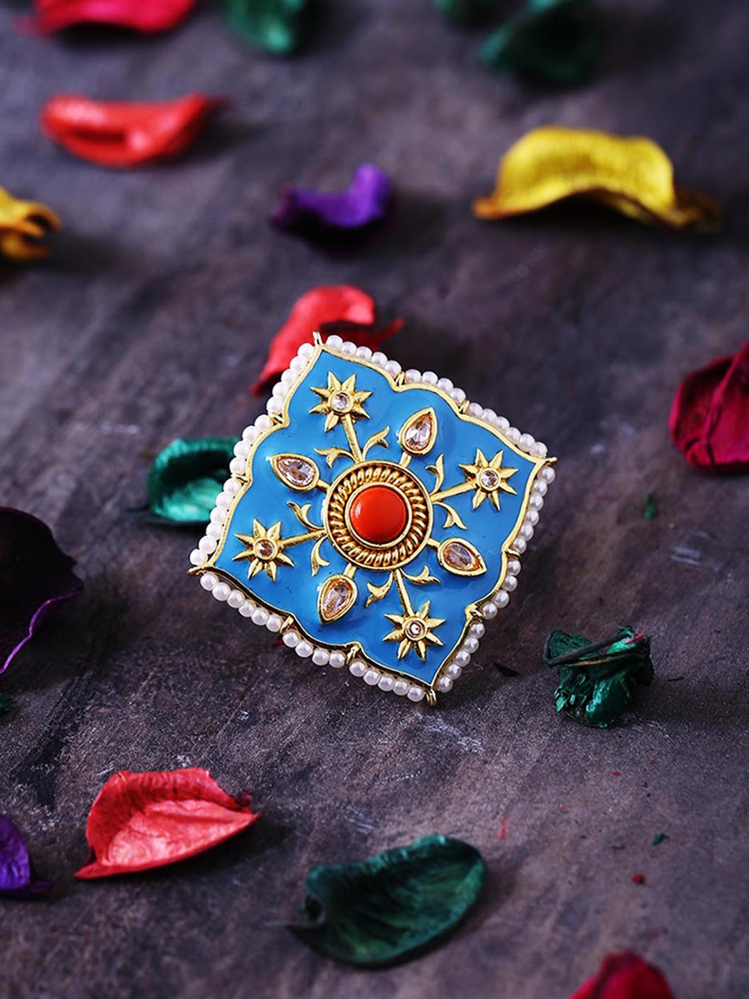 

Voylla Gold-Plated Blue & Red Stone-Studded Finger Ring