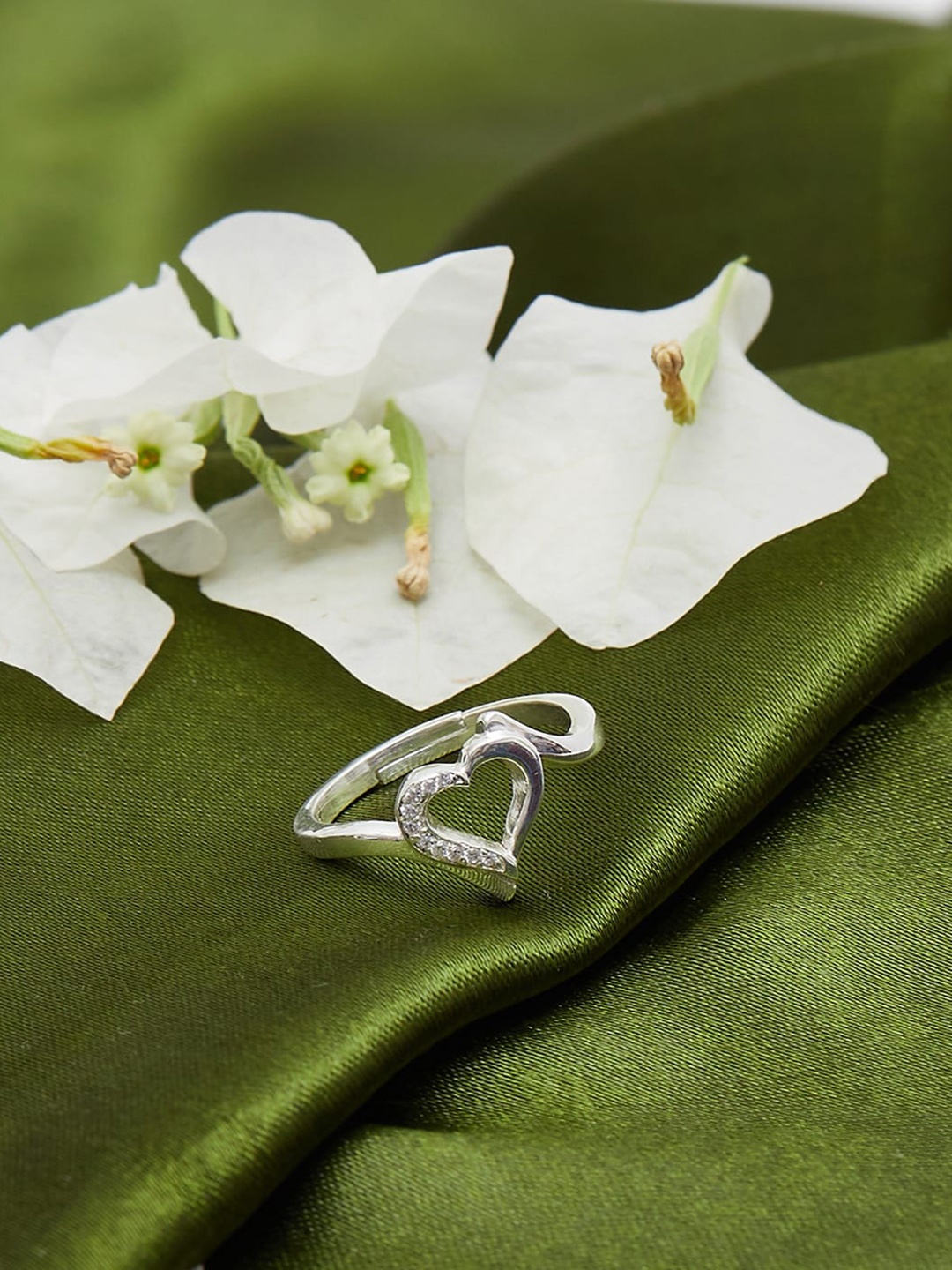 

Studio Voylla 92.5 Silver-Plated White Stone-Studded Heart-Shaped Finger Ring