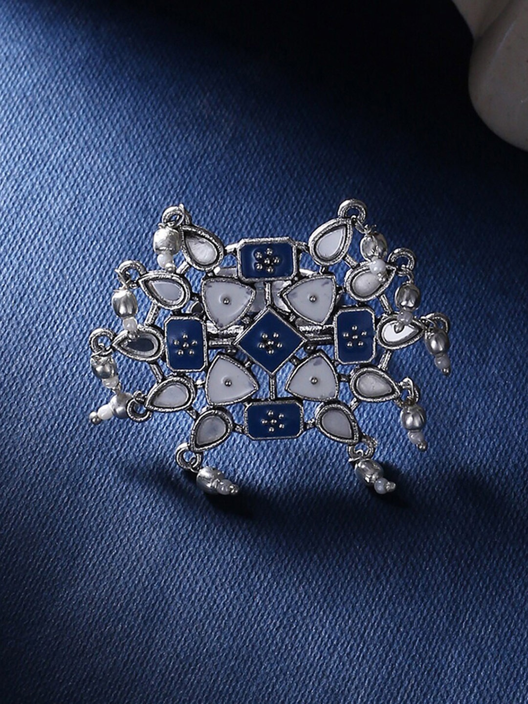 

Voylla Women Silver-Plated Blue Enamelled Oxidized Finger Ring