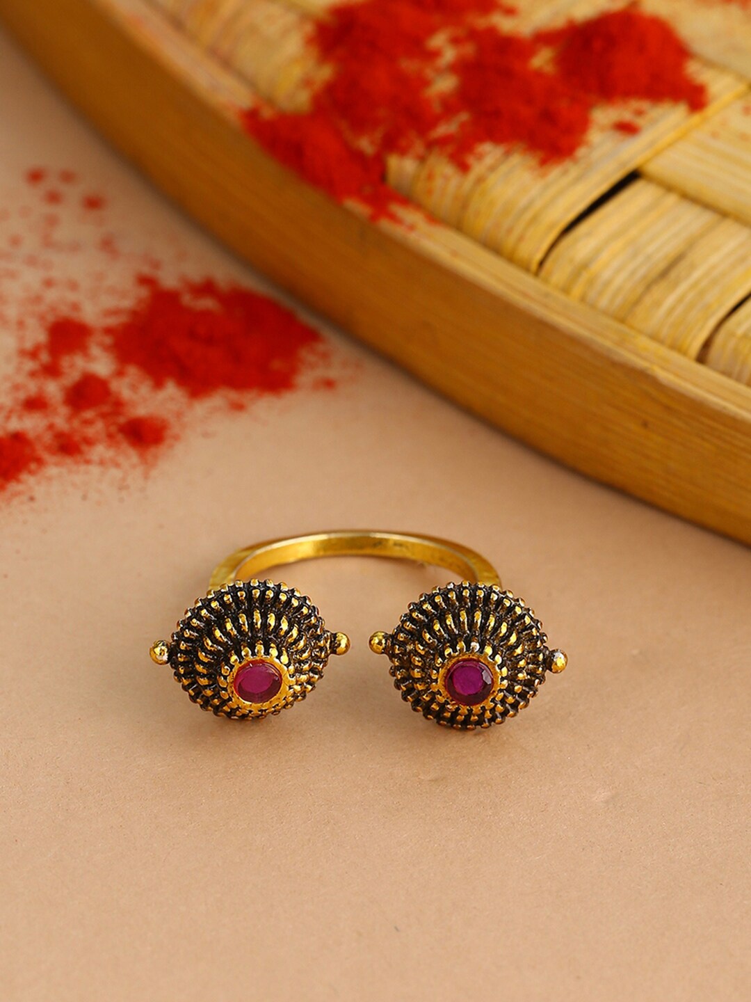

Voylla Gold-Plated & Red Stones-Studded Adjustable Finger Ring