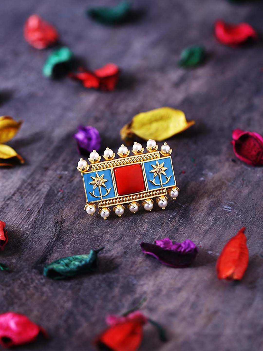 

Voylla Women Gold-Plated Blue & Red Stones-Studded Neeladri Gems Embellished Finger Ring