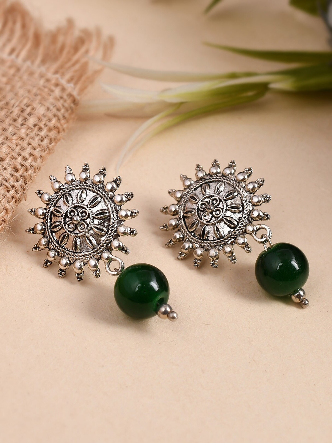 

Shoshaa Green & Silver-Plated Oxidised Classic Drop Earrings