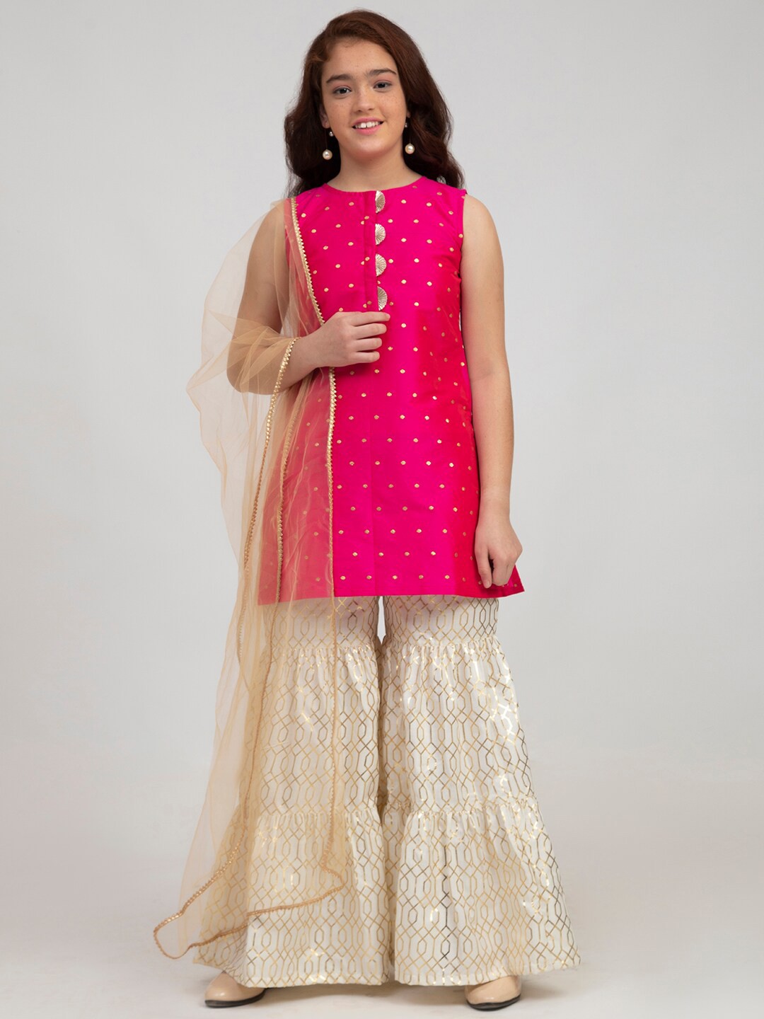 

Bitiya by Bhama Girls Pink Embroidered Panelled Kurti with Sharara & With Dupatta