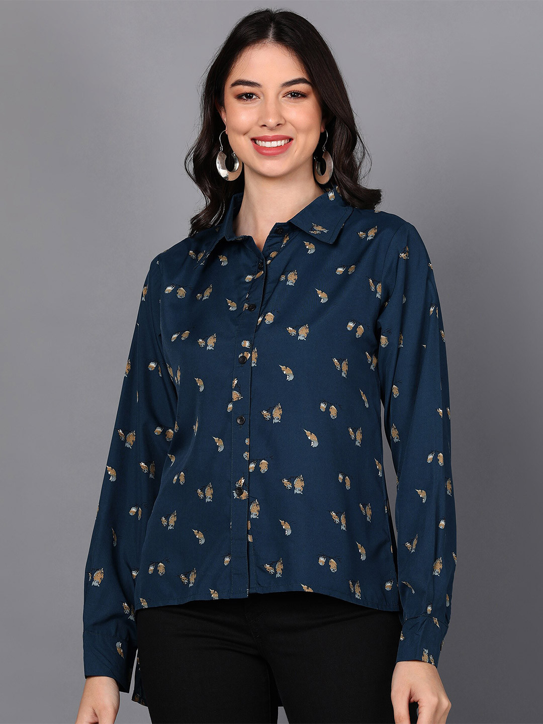 

Fashfun Teal Print Crepe Shirt Style Top