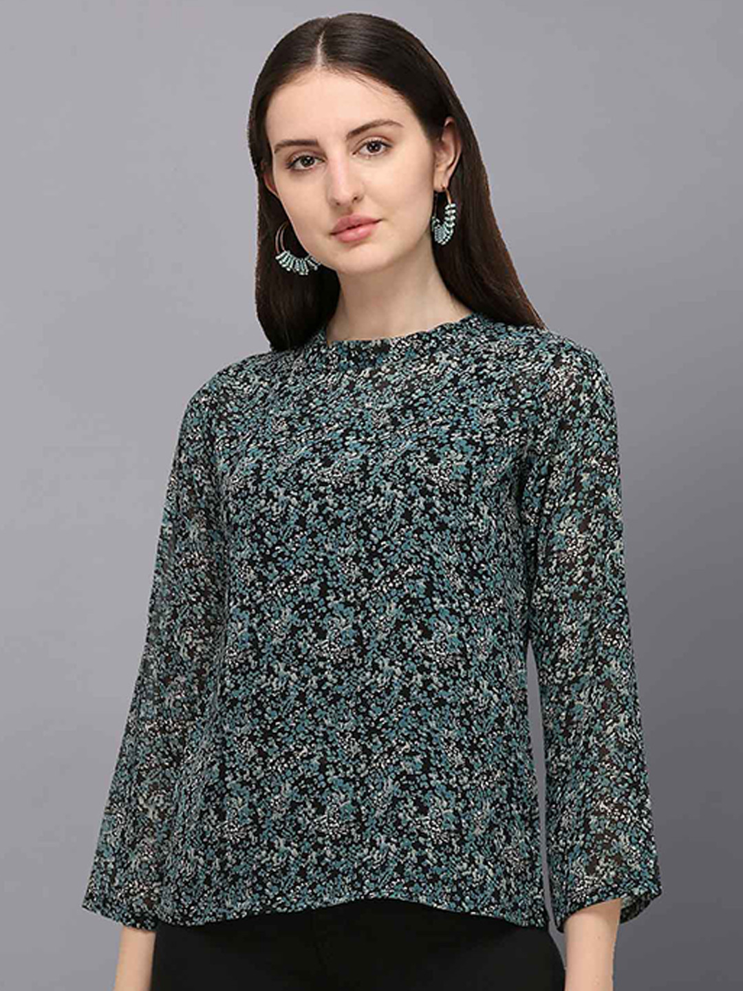 

Fashfun Green & Black Floral Print Georgette Top