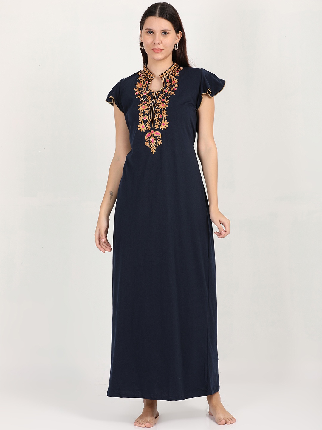

9shines Label Navy Blue Embroidered Maxi Nightdress-5130B_L