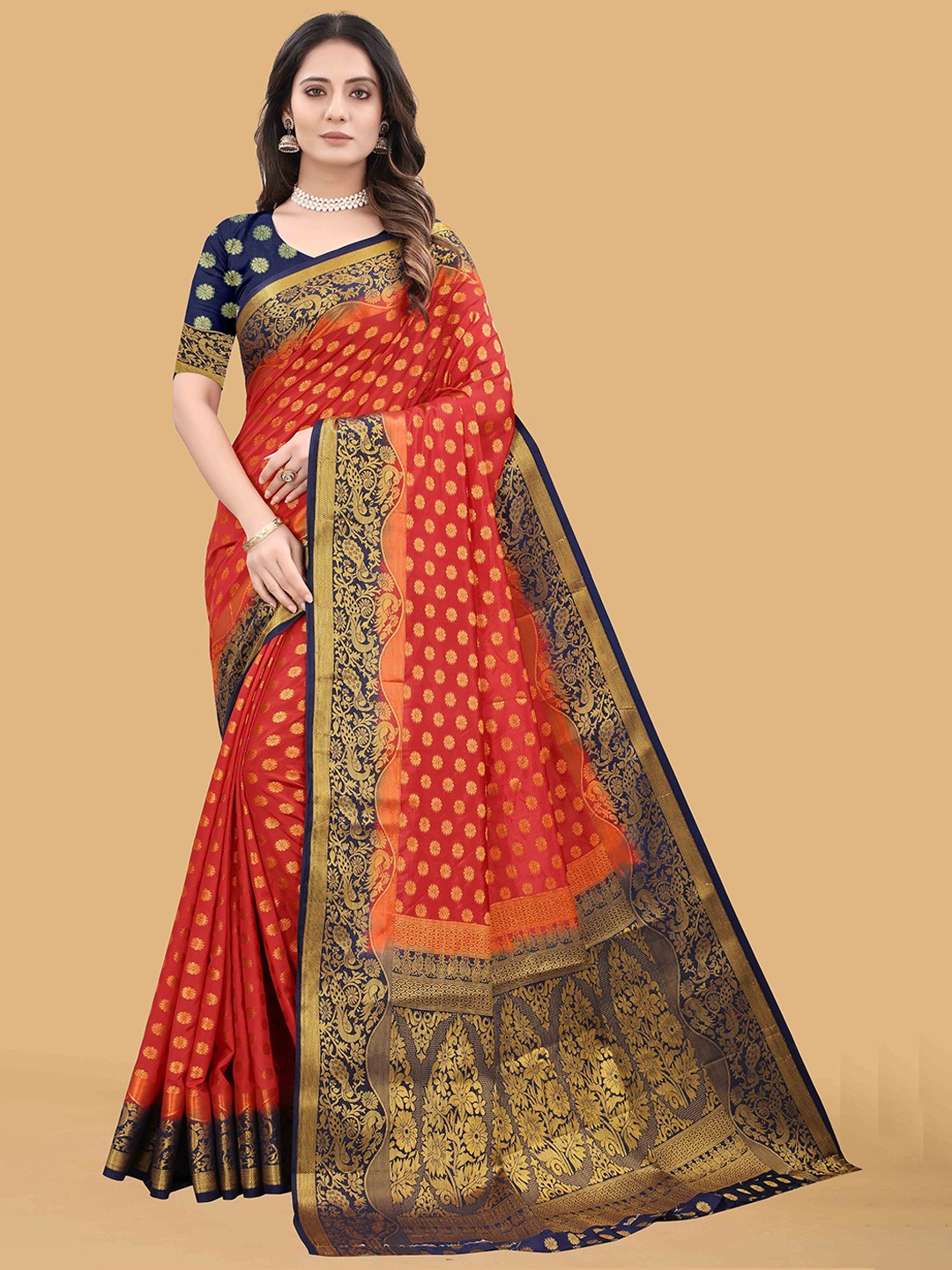 

PRASTHAN Red & Navy Blue Woven Design Zari Silk Cotton Banarasi Saree
