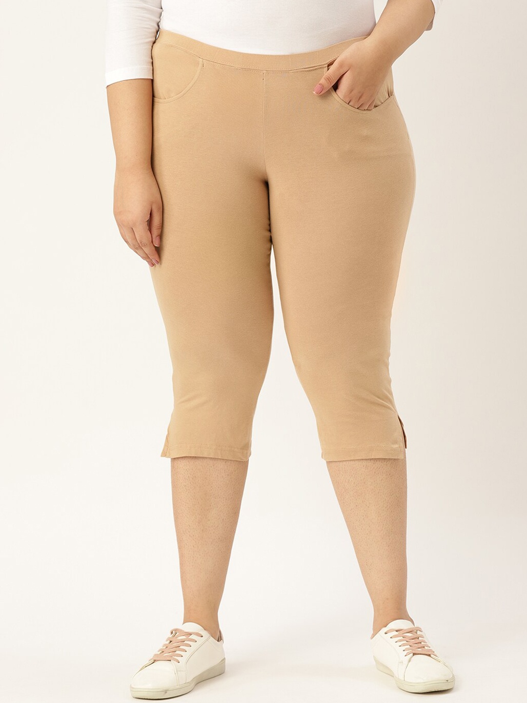 

theRebelinme Women Beige High Rise Cotton Capris