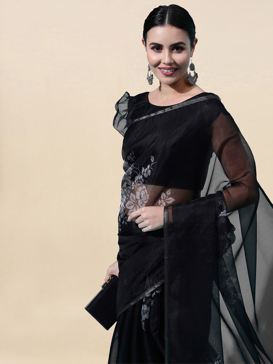 

Satrani Black & Grey Floral Organza Printed Saree