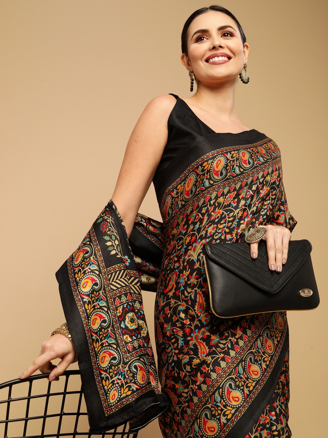 

Satrani Black & Orange Floral Saree