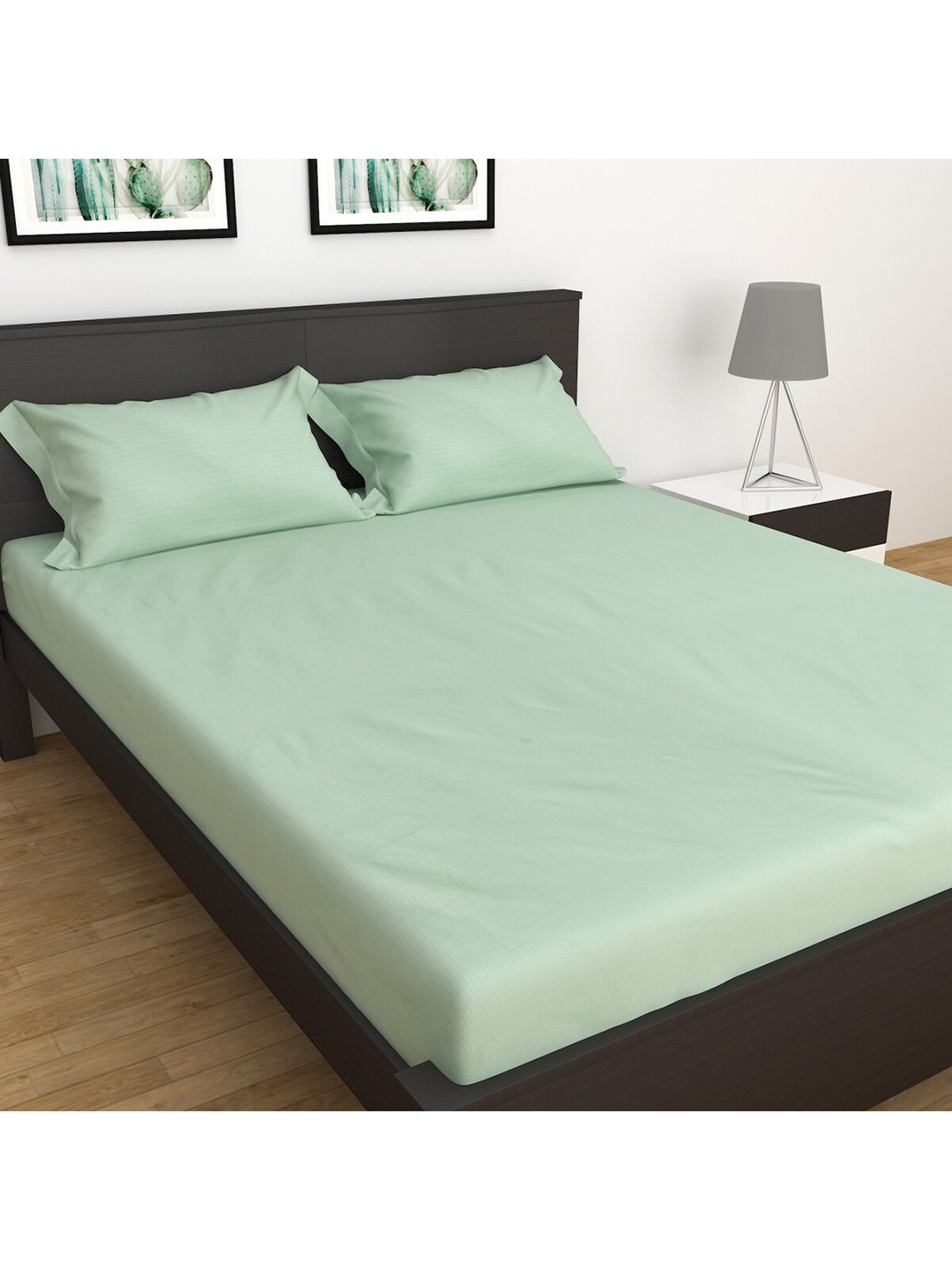 

Home Centre 300 TC Soulful Pastels Teal Solid King Fitted Bedsheet with 2 Pillow Covers