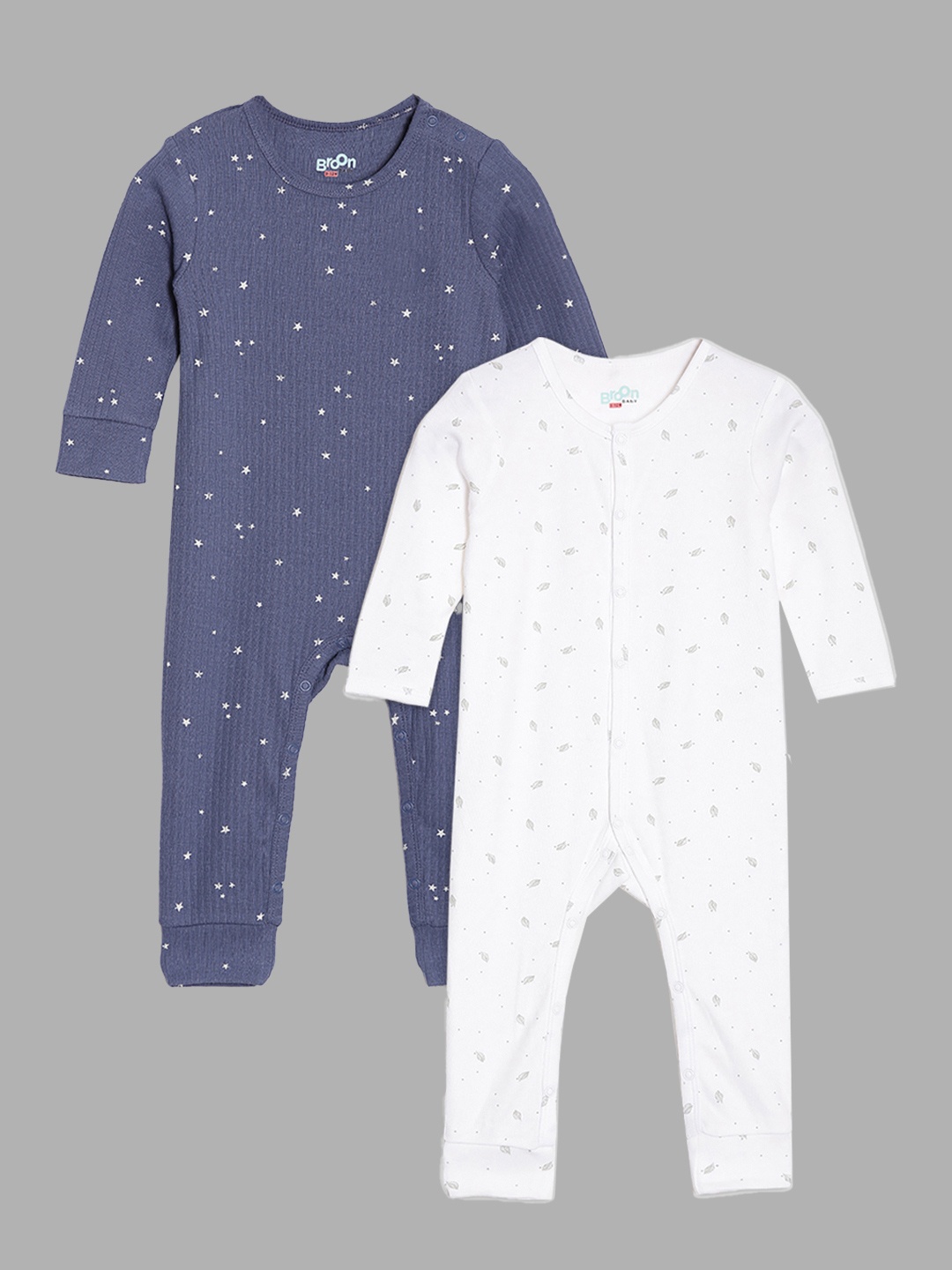 

Broon Boys Pack Of 2 White & Navy Blue Printed Organic Cotton Sleepsuits